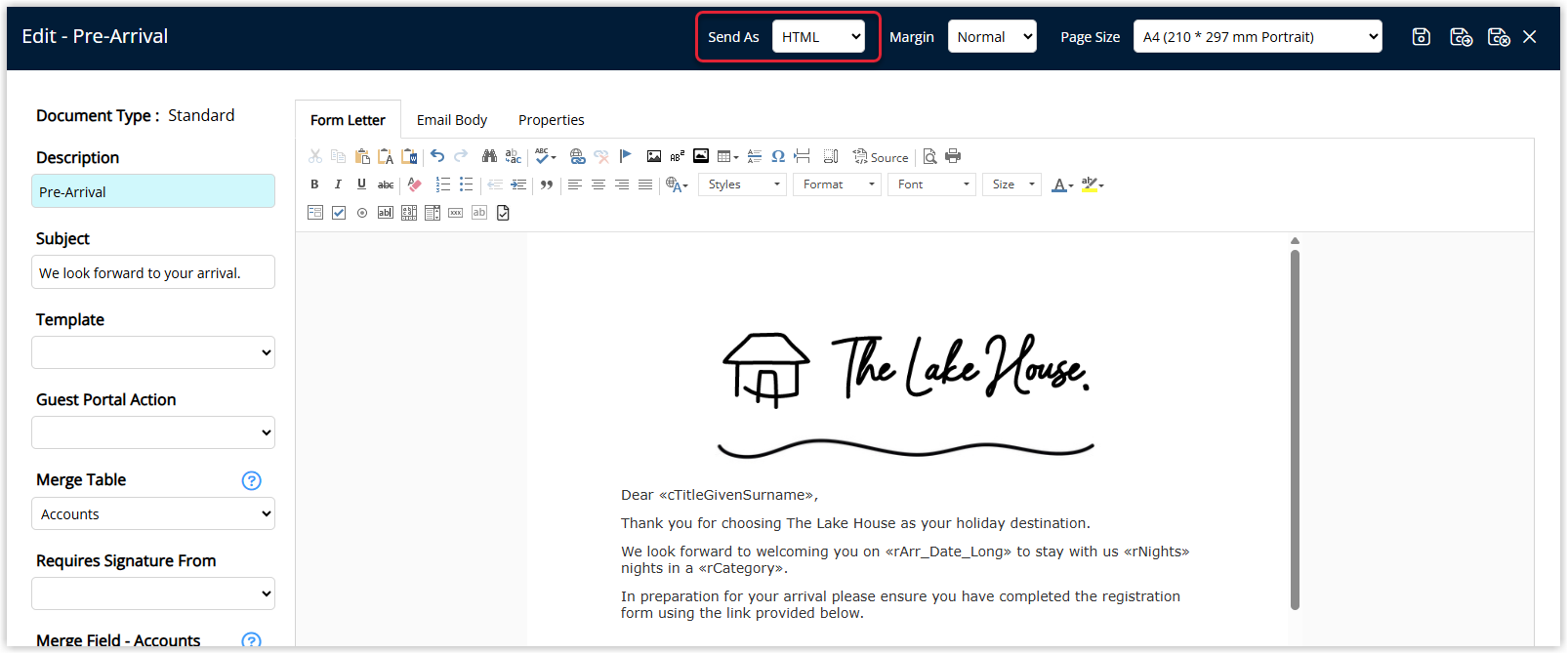 Screenshot of an email send window in RMS showing a Form Letter configured as HTML, with the letter content appearing directly in the email body rather than as an attachment.