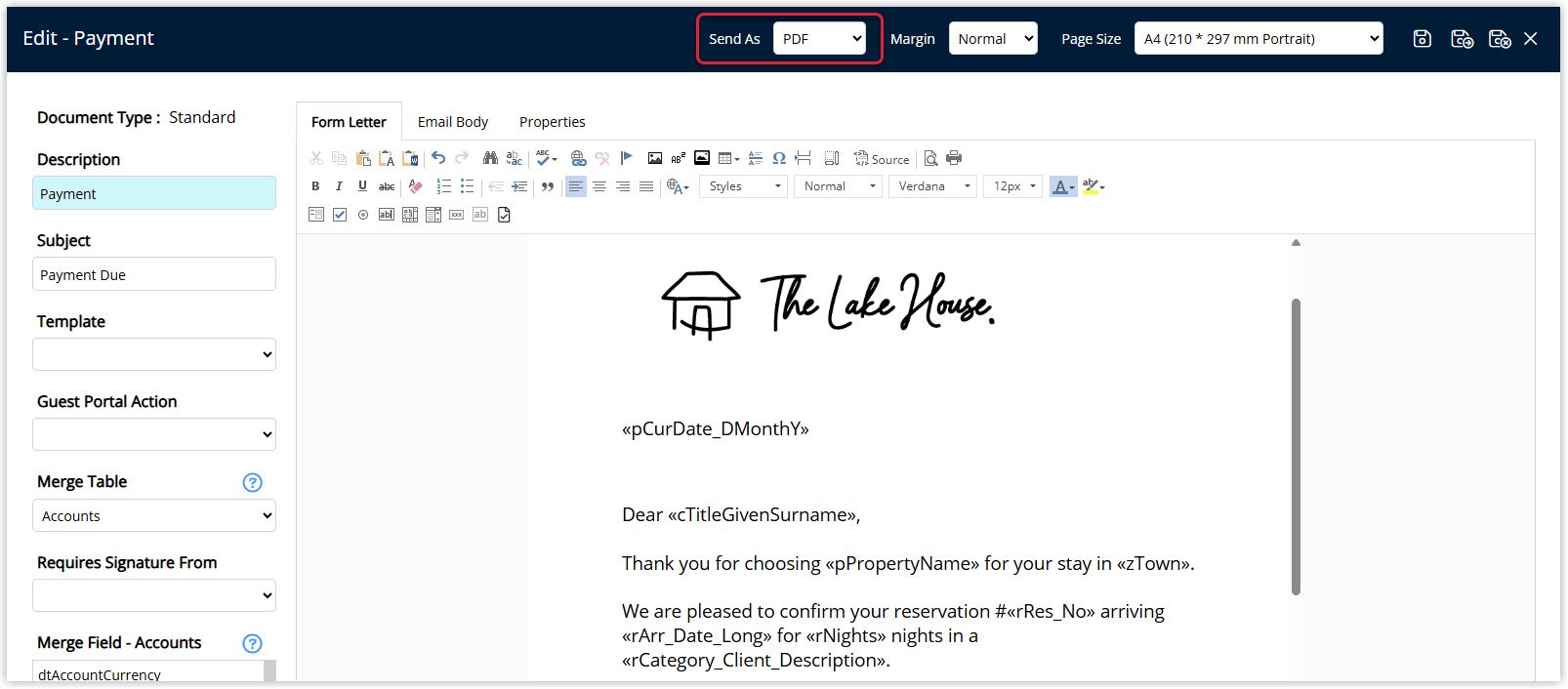 Screenshot of an email send window in RMS showing a Form Letter configured to Send As PDF, with the PDF file listed as an attachment and a separate email body area for the message.