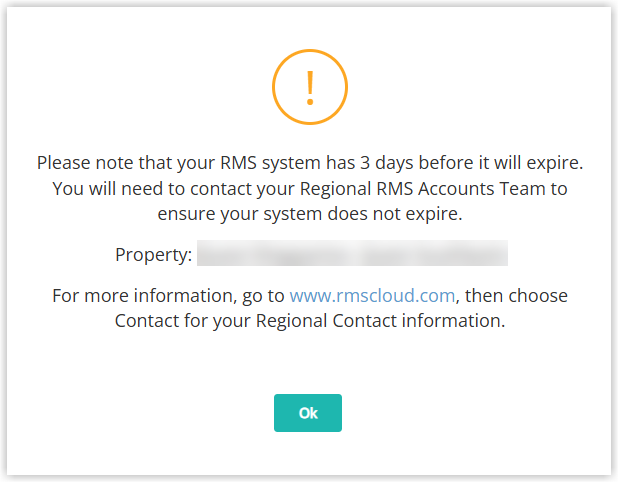 Screenshot of the RMS system expiry warning dialog stating the system will expire in 3 days, with an Ok button