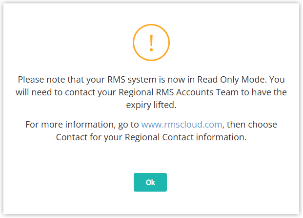 Screenshot of the RMS system expiry dialog stating the system is now in Read Only Mode, with an Ok button