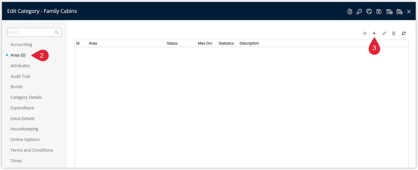 Annotated screenshot of the Edit Category Area tab in RMS highlighting the Area section and the add area icon