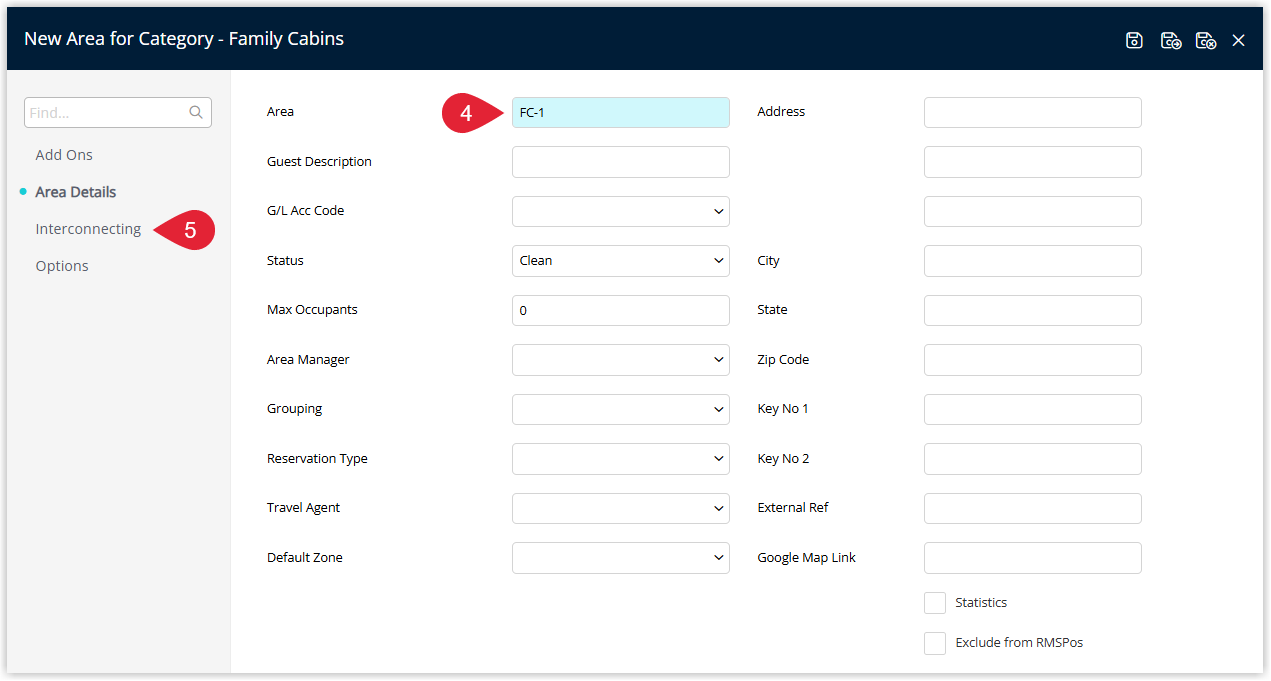 Annotated screenshot of the New Area screen in RMS highlighting the Area name field and the Interconnecting tab