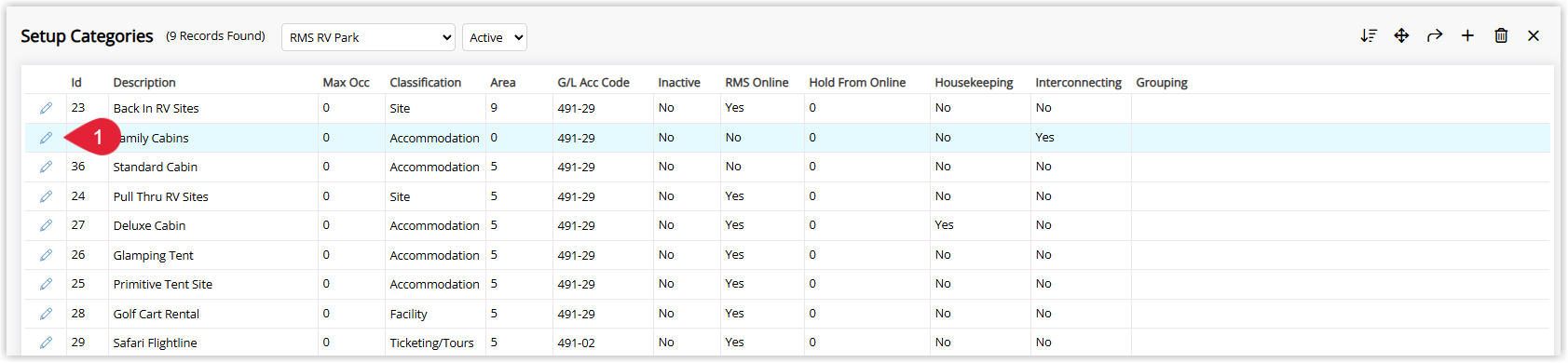 Annotated screenshot of the Setup Categories screen in RMS highlighting the edit icon for a category
