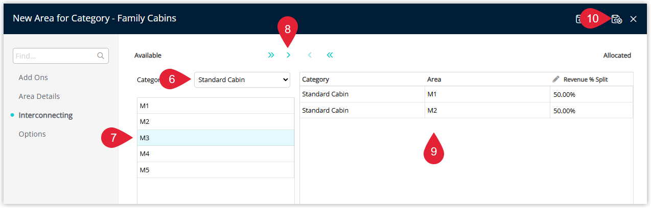 Annotated screenshot of the area Interconnecting tab in RMS highlighting the category and area selection, the move arrow, the allocated areas with revenue split and the save icon