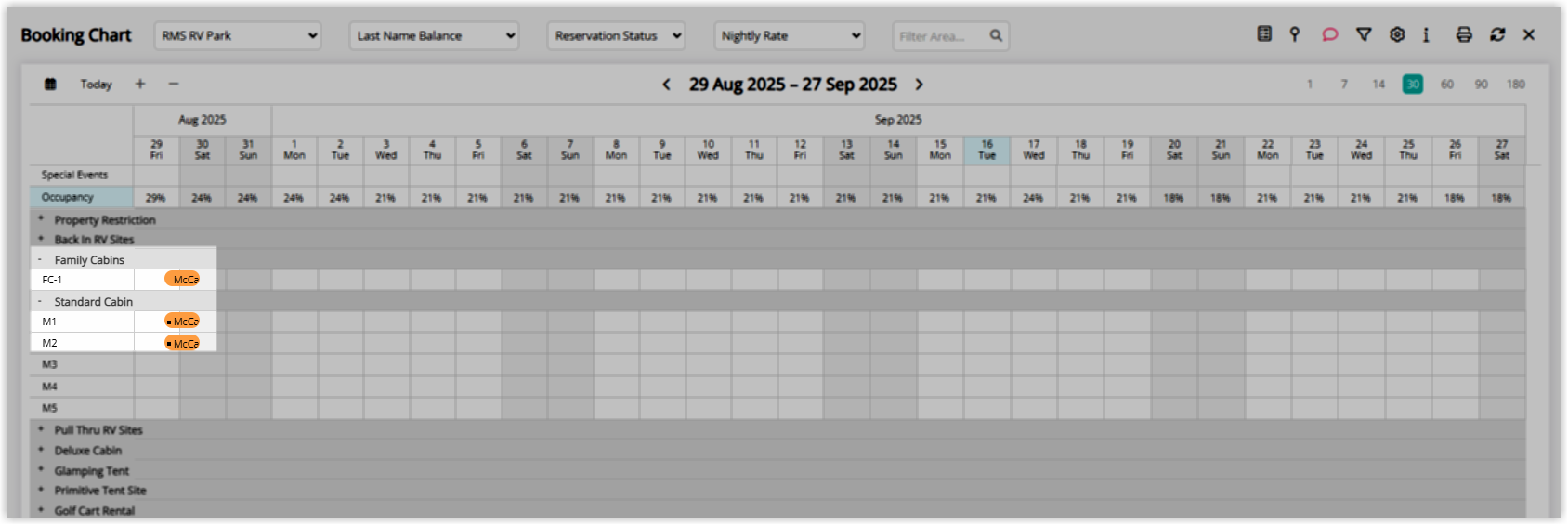Screenshot of the Booking Chart in RMS showing an interconnecting area reservation occupying the family cabin and its connected areas