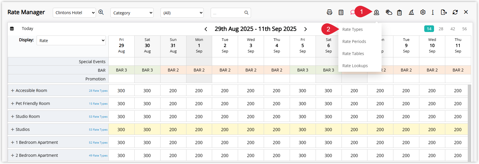Screenshot of the Rate Types list in RMS showing existing rate types and highlighting the entry used as the base for configuring a Multi-BAR rate.