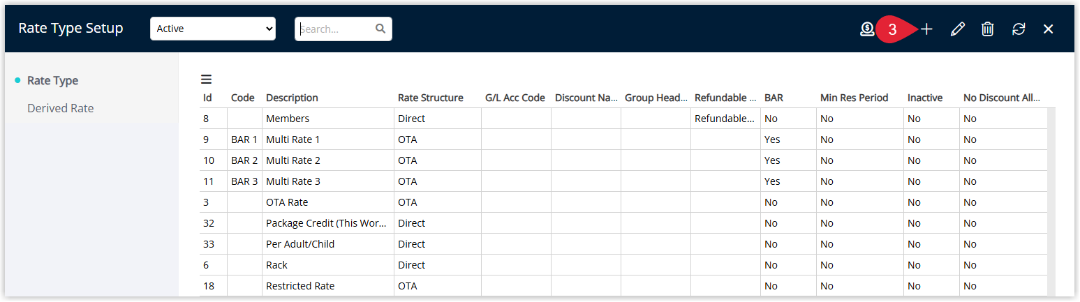 Screenshot of the Rate Types setup screen in RMS highlighting the Add icon used to create a new Multi-BAR rate type.
