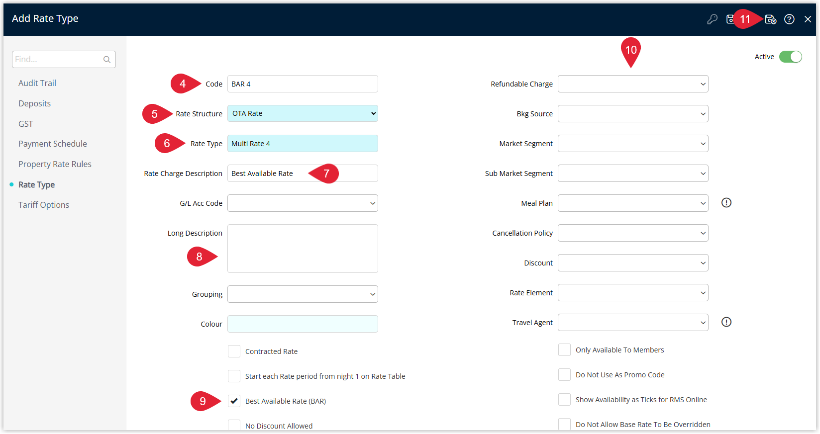 Screenshot of the Rate Type configuration form in RMS showing fields for description, rate structure, Multi-BAR settings and other options used to define the new rate type.