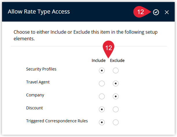 Screenshot of the Rate Type Access dialog in RMS showing options to control which users, properties or channels can view and use the Multi-BAR rate type.