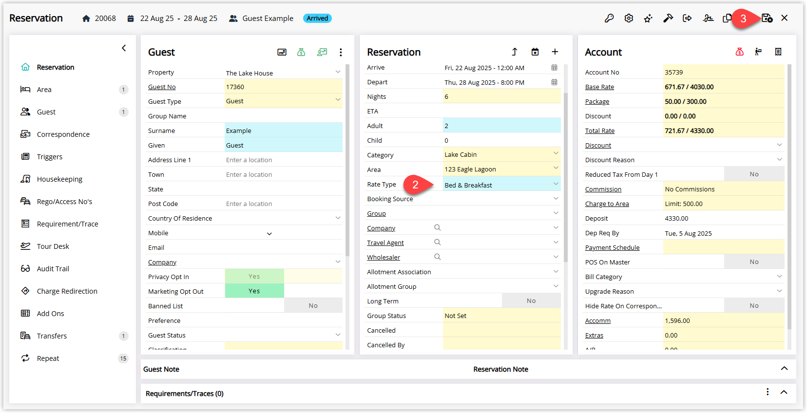 Reservation screen in RMS showing a newly selected Rate Type in the Rate Details section and the Save/Exit button highlighted to apply the change