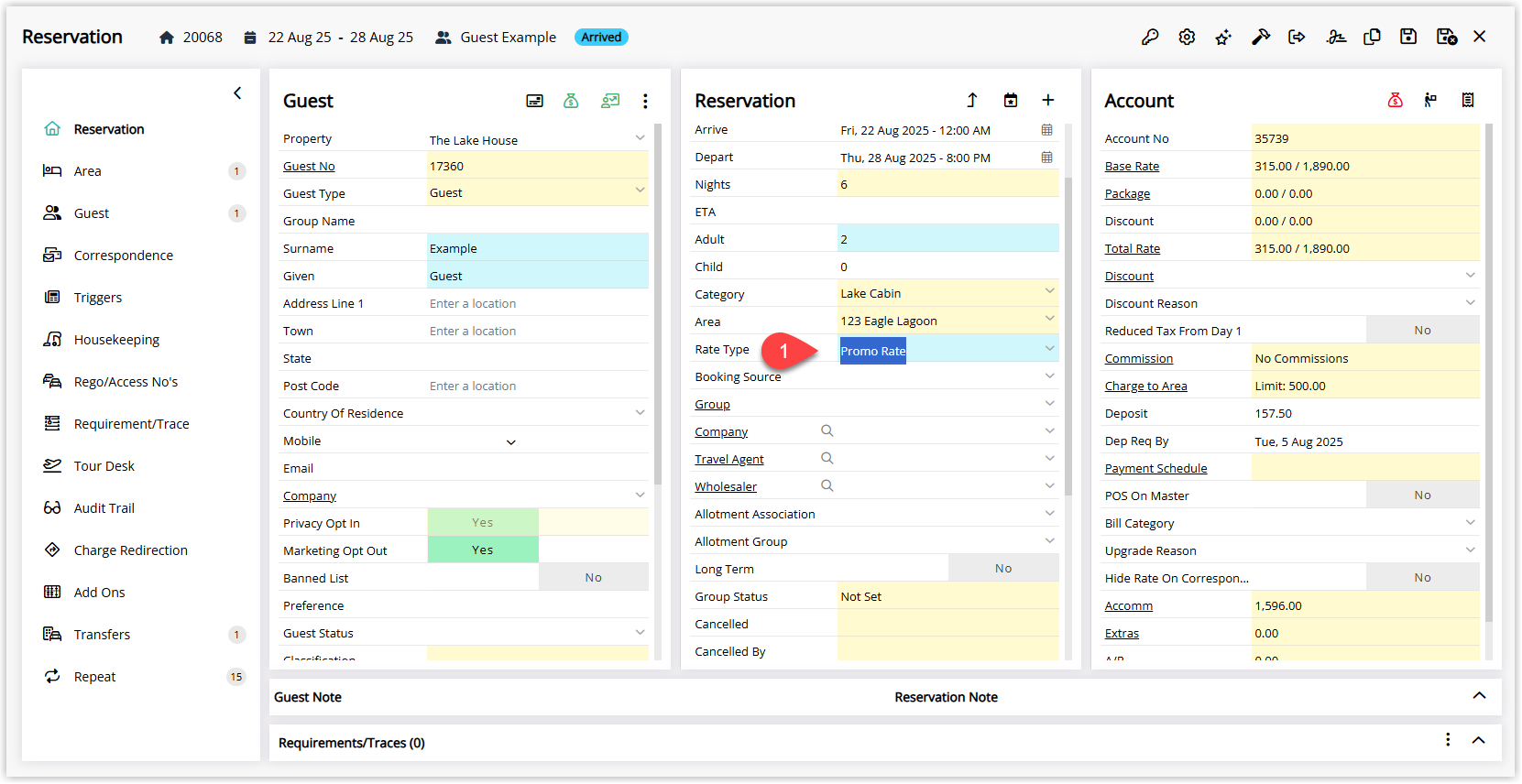 Reservation screen in RMS showing the current Rate Type value in the Rate Details section with the text highlighted ready to be cleared