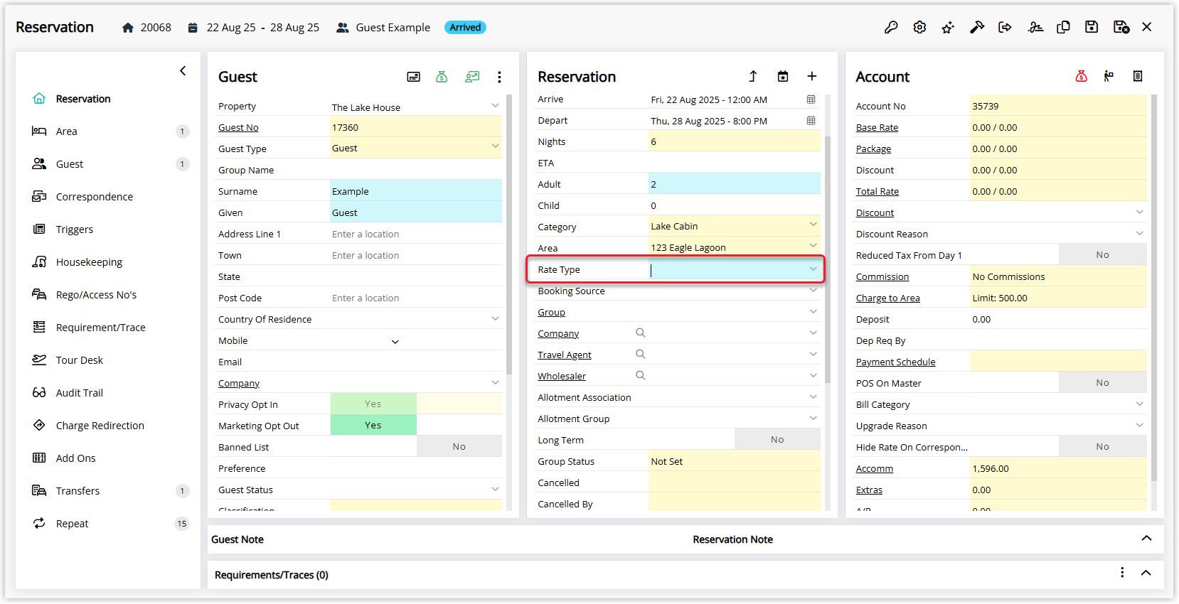 Reservation screen in RMS with the Rate Type field now empty, indicating the previous rate type has been cleared and is ready for a new selection