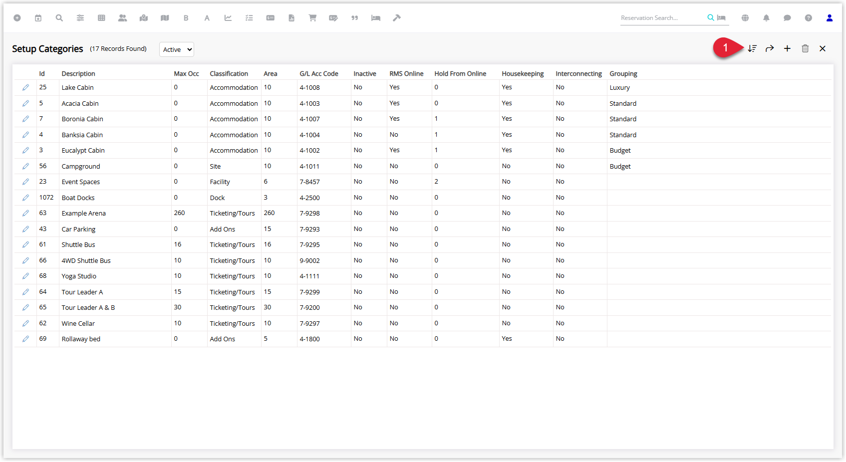 Screenshot of the Category/Area (Room Type/Room) setup screen in RMS with the Display Order icon highlighted, used to change the order of categories and areas.