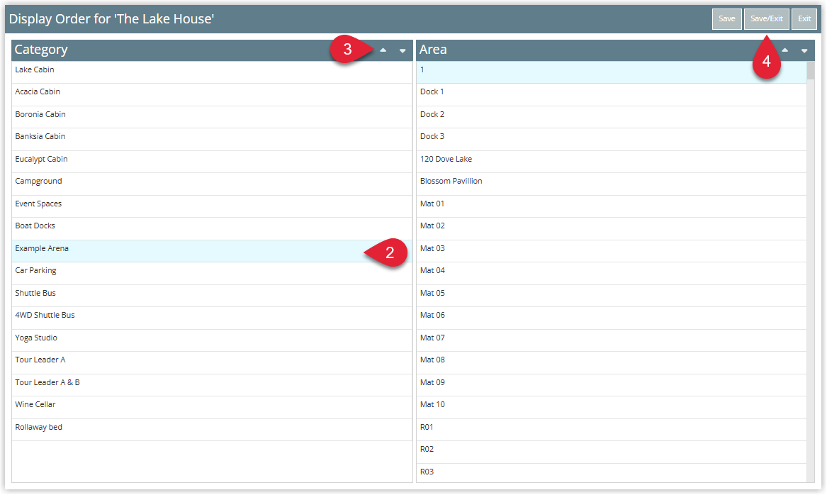 Screenshot of the Display Order window in RMS showing a list of Categories (Room Types) with one selected, up and down arrow buttons to move it in the list and the Save/Exit button highlighted to apply the new display order for the Booking Chart, Rate Manager and drop-down menus.