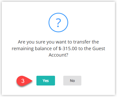 Confirmation popup in RMS asking to confirm transfer to the guest account, with the ‘Yes’ button highlighted.