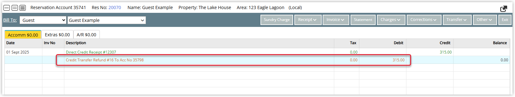 Reservation Account in RMS showing the transfer listed as a Credit Transfer Refund, including the destination guest account number.