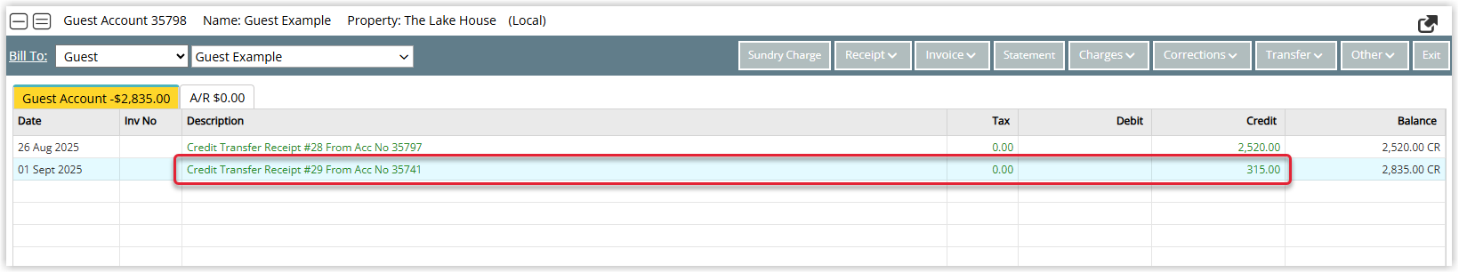 Guest Account in RMS showing a Credit Transfer Receipt transaction, including the originating reservation account number and available credit balance.