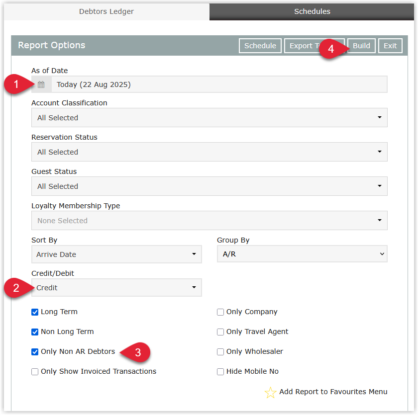 Annotated screenshot of the Debtors Ledger report options in RMS showing the As of Date, Account Classification, Credit/Debit set to Credit, and Only Non AR Debtors options with the Build button highlighted