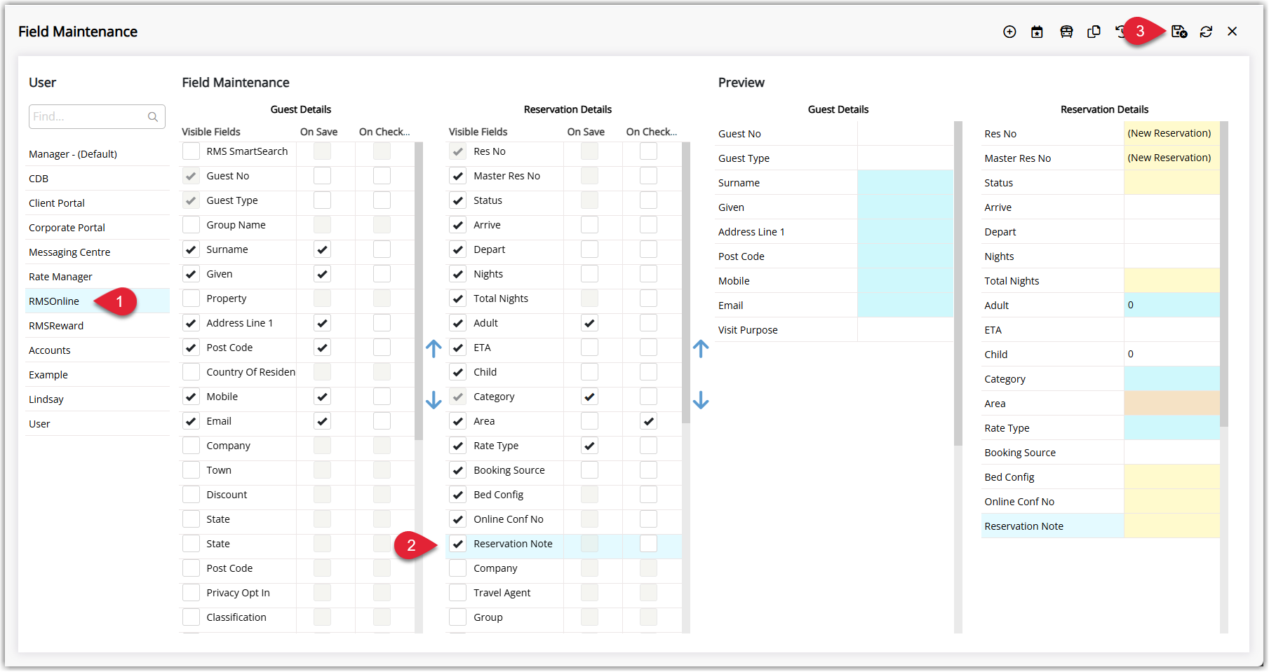 Screenshot of the Field Maintenance screen in RMS with User set to RMS Online and the Reservation Details section showing a Reservation Note checkbox that can be selected or deselected before clicking Save & Exit.