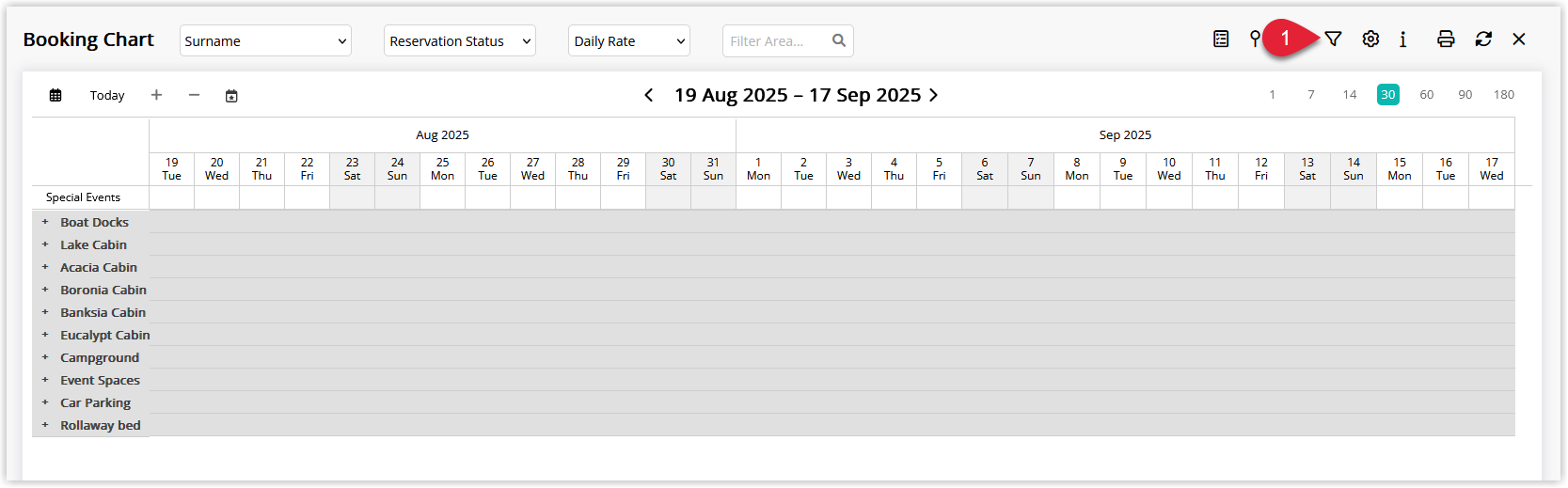 Screenshot of the Booking Chart in RMS with the Attributes button highlighted in the header, used to open the attribute filter for narrowing down available areas.