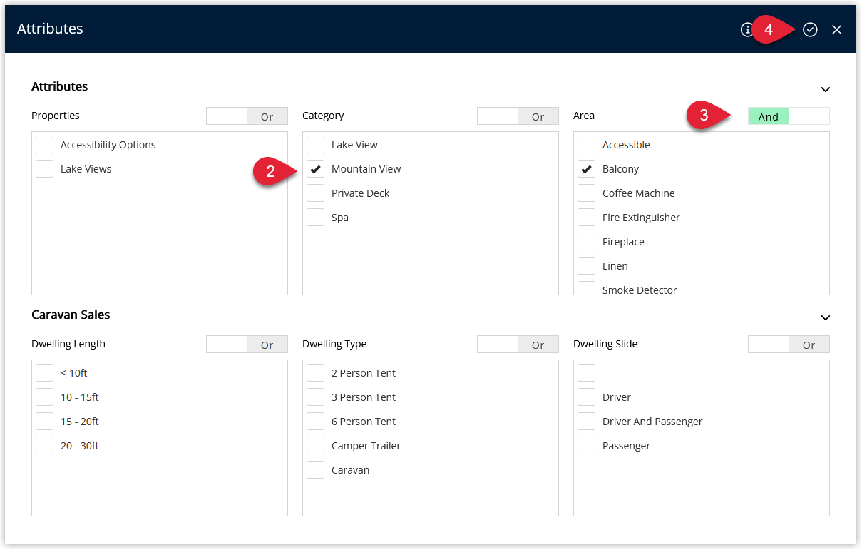 Screenshot of the Attributes filter window in RMS showing a list of attribute options with checkboxes, an AND/OR toggle to choose whether areas must match all or any selected attributes, and the Apply/Exit button highlighted to filter the Booking Chart.