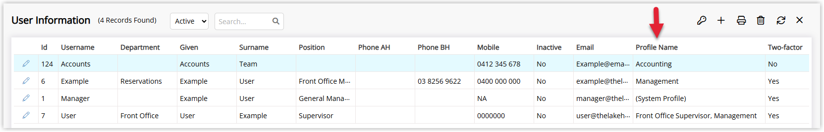 User Information screen in RMS showing a selected user record with their assigned Security Profile displayed in the Profiles or security section