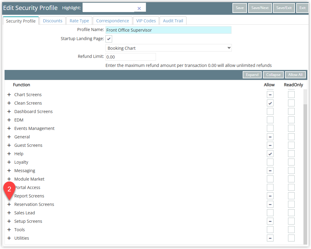 Security Profile permissions screen in RMS showing a collapsible menu of function groups with the 'Reservation Screens' section expanded to reveal related permission settings