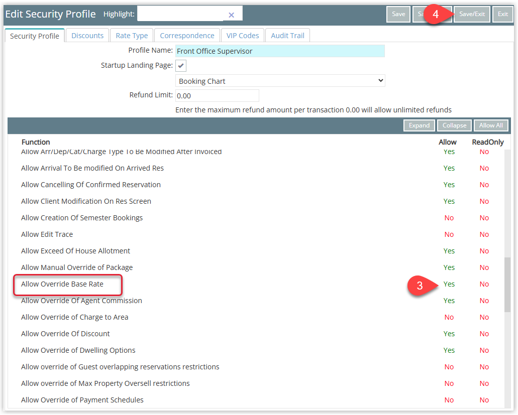 Security Profile detail in RMS with the 'Allow Override Base Rate' permission visible under Reservation Screens, its Allow setting changed to Yes, and the Save/Exit button highlighted to apply the updated access