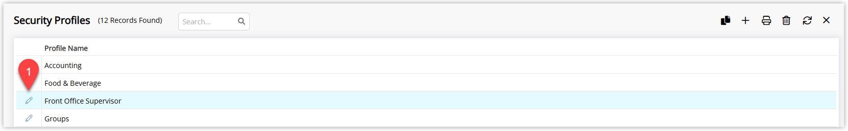 Security Profiles list in RMS with one profile highlighted and the Edit option selected to open that profile’s permissions