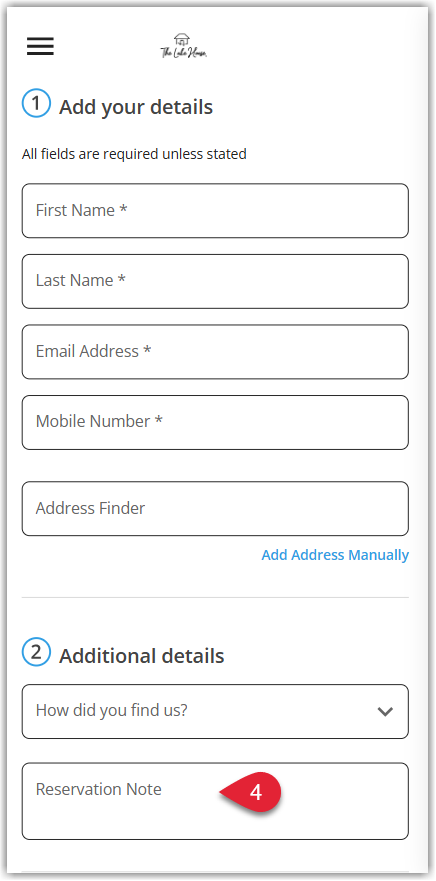 Screenshot of the RMS Booking Engine checkout page showing the Additional Details section with a Reservation Note text box where guests can type a message for the property.