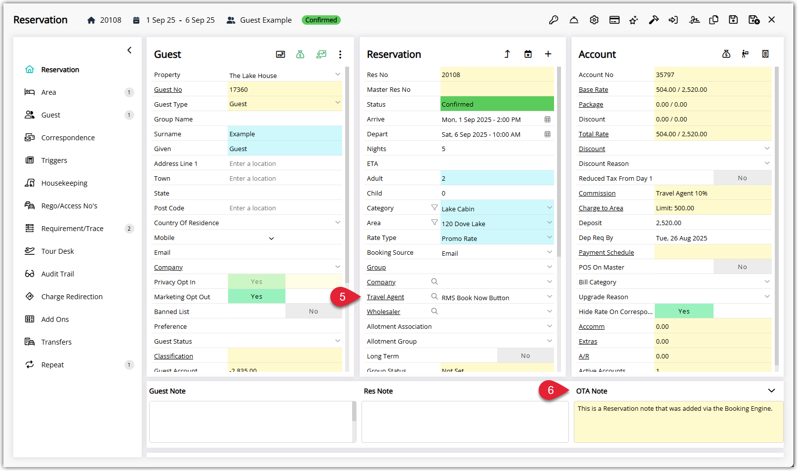 Screenshot of a reservation in RMS showing the Travel Agent field populated with the OTA name and the OTA Note field containing combined OTA notes and the guest’s Reservation Note from the RMS Booking Engine.