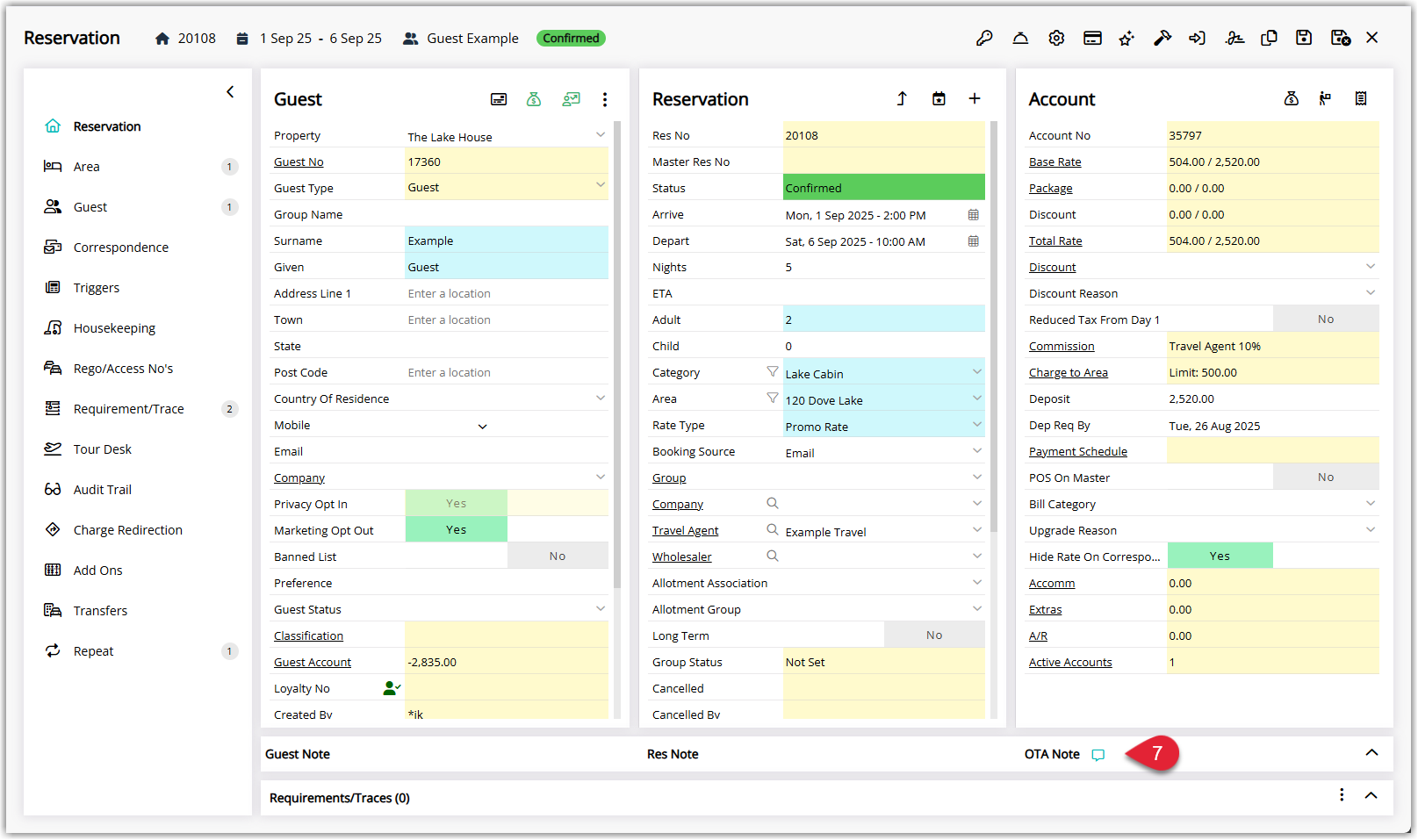Screenshot of a reservation in RMS with the OTA Note header highlighted, illustrating that clicking the header expands the section to reveal the full OTA and Reservation Notes text.