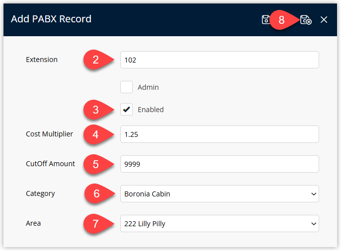 PABX Extension setup screen with fields for Extension, Admin checkbox, Enabled checkbox, Cost Multiplier, Cut Off, Category, Area and a Save/Exit button