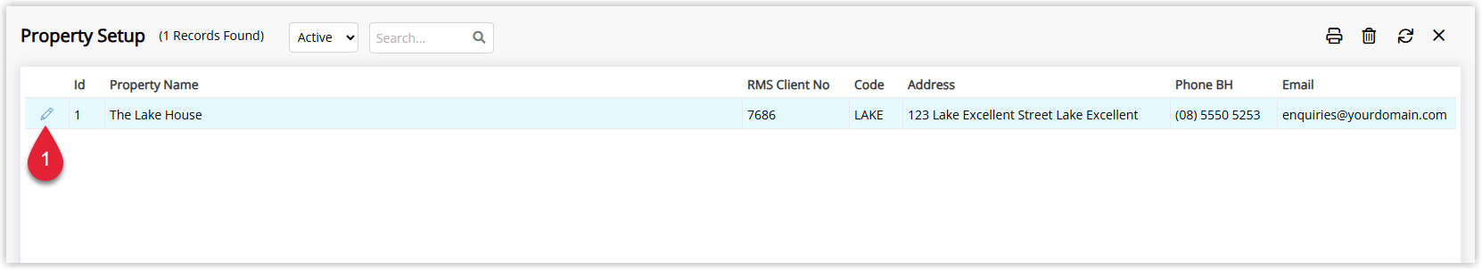 Annotated screenshot of the Property Setup list in RMS with the edit icon highlighted on the property row