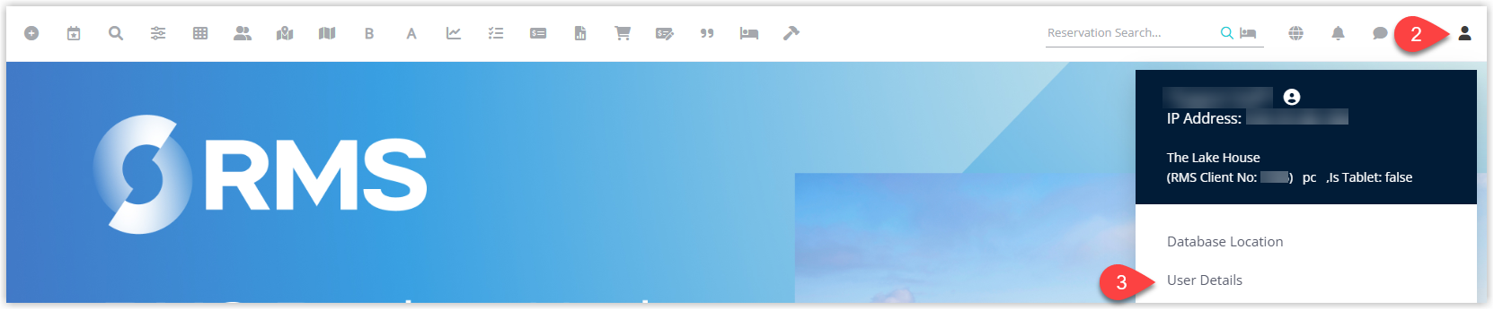 RMS main toolbar displaying the user icon or profile avatar in the top corner with a dropdown menu open and User Details selected