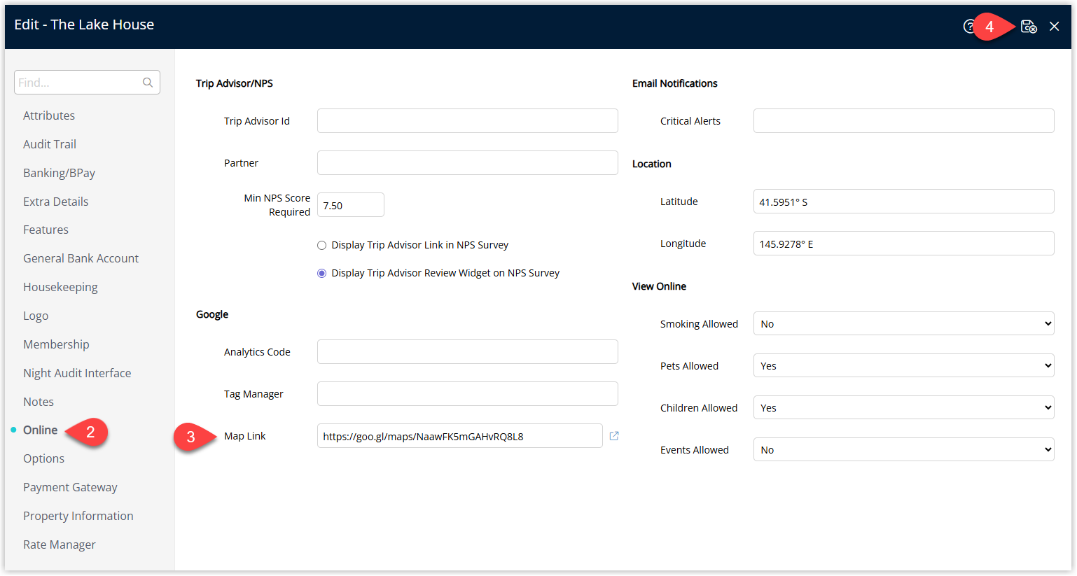 Annotated screenshot of the Property Online tab in RMS with the Google Map Link field highlighted
