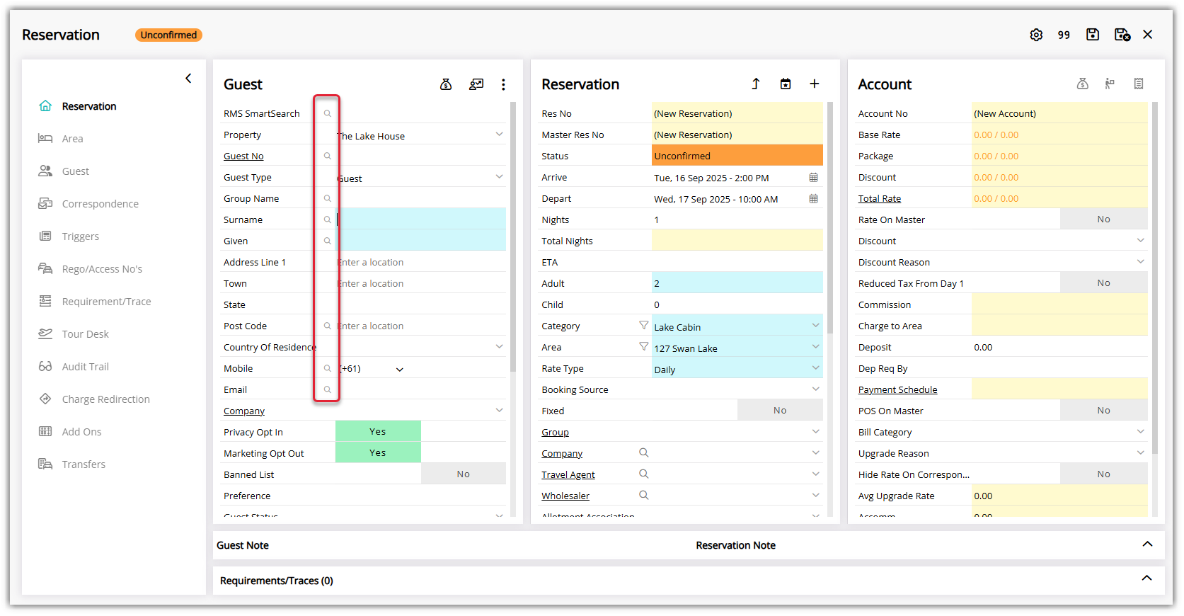 RMS reservation Guest Details section showing a Smart Search field with a magnifying glass icon, search results listing existing guest profiles by name, email, and phone number, and an option to select a profile or proceed to Guest Merge when a potential duplicate is found.