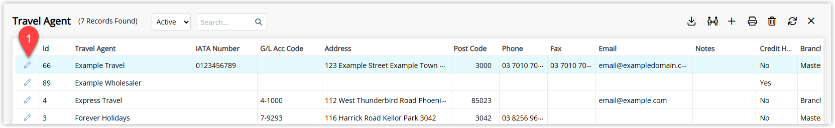 Annotated screenshot of the Travel Agent screen in RMS highlighting the edit icon for a travel agent