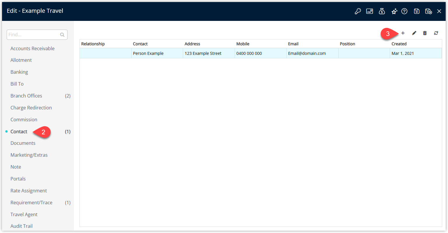 Annotated screenshot of the Edit Travel Agent Contact tab in RMS highlighting the Contact section and the add contact icon