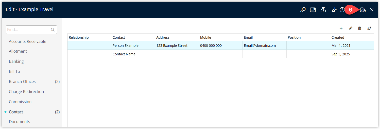 Annotated screenshot of the Edit Travel Agent Contact tab in RMS highlighting the new contact in the list and the save icon