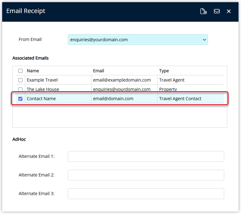 Annotated screenshot of the Email Receipt window in RMS highlighting the travel agent contact in the associated emails list