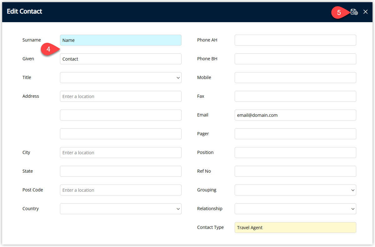 Annotated screenshot of the Edit Contact window in RMS highlighting the contact name fields and the save icon