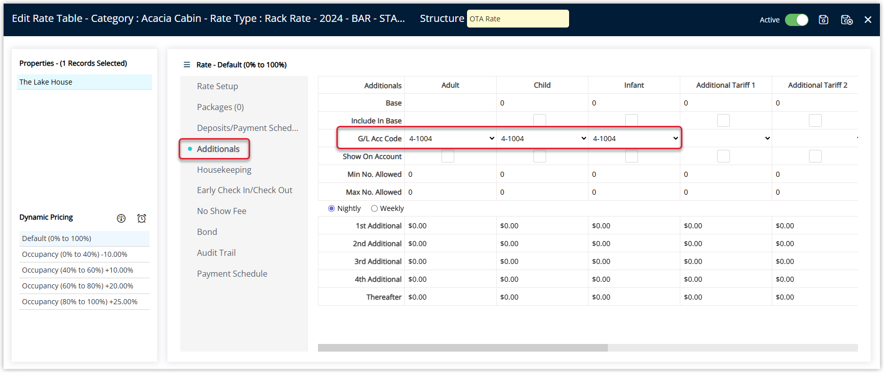 Rate table showing Additionals tab with assigned GL Acc Code for additional guest charges