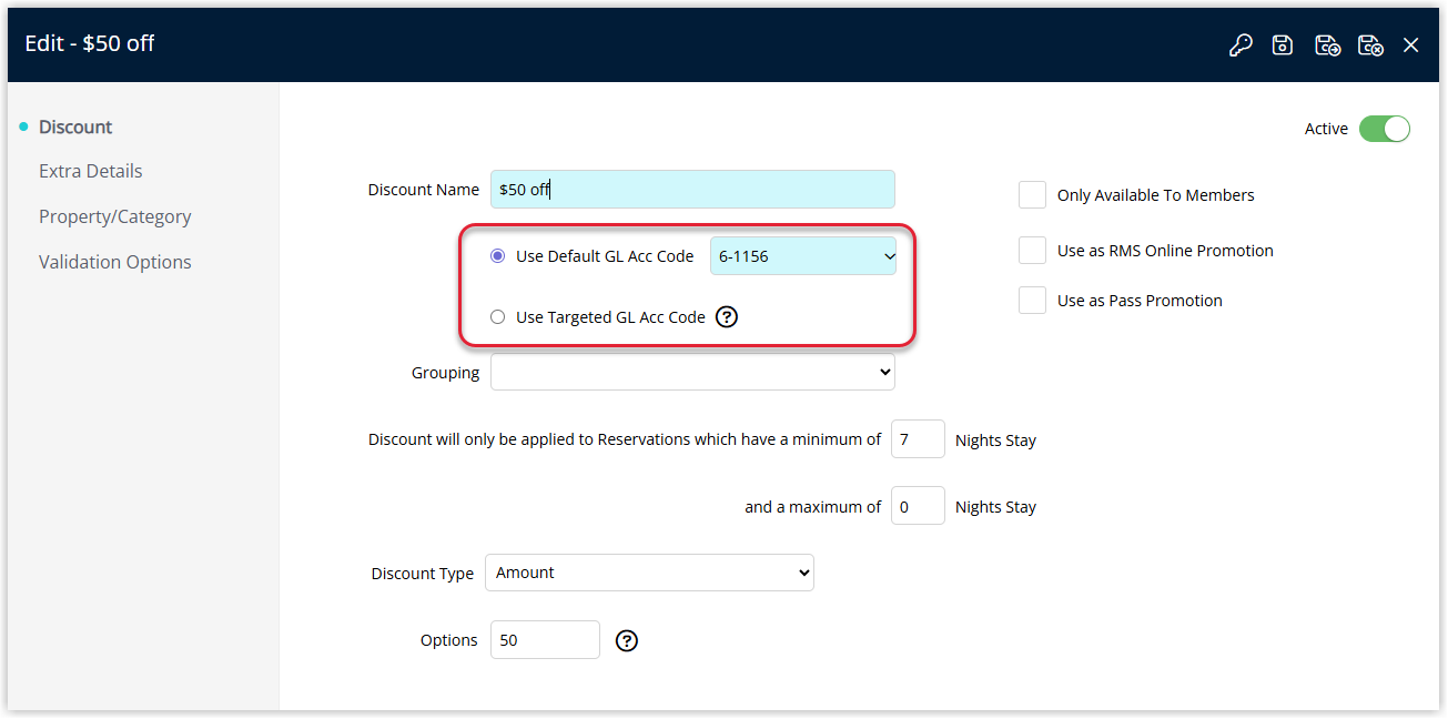 Discount configuration showing GL Acc Code settings for operational revenue reporting