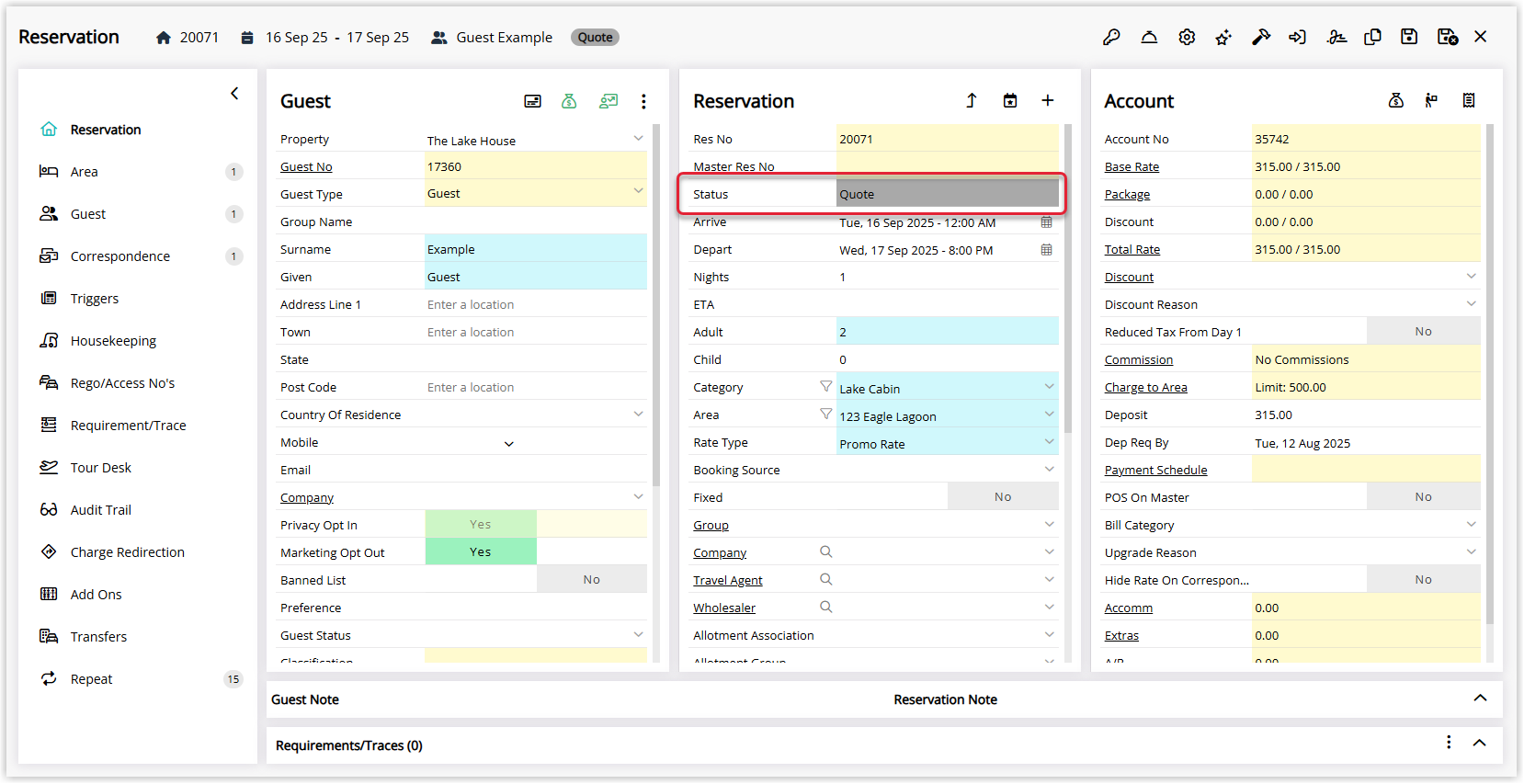 Quote reservation showing status indicator and operational revenue exclusion