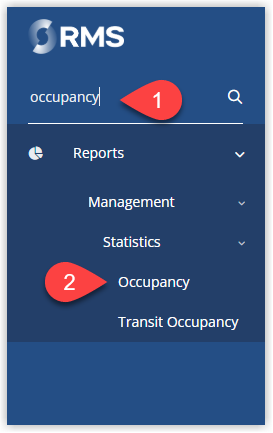 Screenshot of the RMS interface showing the Menu Search field with a keyword typed in and a list of matching menu items displayed, with one menu item highlighted for selection.