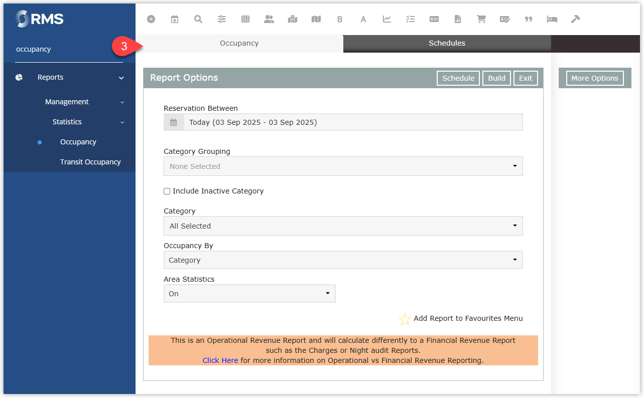 Screenshot of an RMS screen (for example, a report or setup page) opened after selecting it from the Menu Search results, demonstrating shortcut navigation to side menu options.