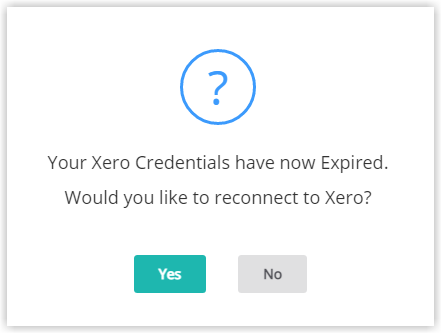 Screenshot of the confirmation dialog in RMS prompting to reconnect to Xero because the credentials have expired