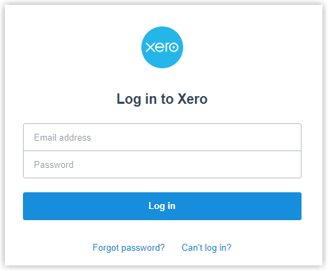 Screenshot of the Xero login page displayed in a browser in RMS asking for email address and password to authorise the connection