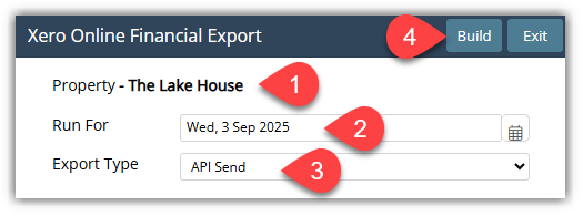 Annotated screenshot of the Xero Online Financial Export dialog in RMS highlighting the Property, Run For date, Export Type, and Build button